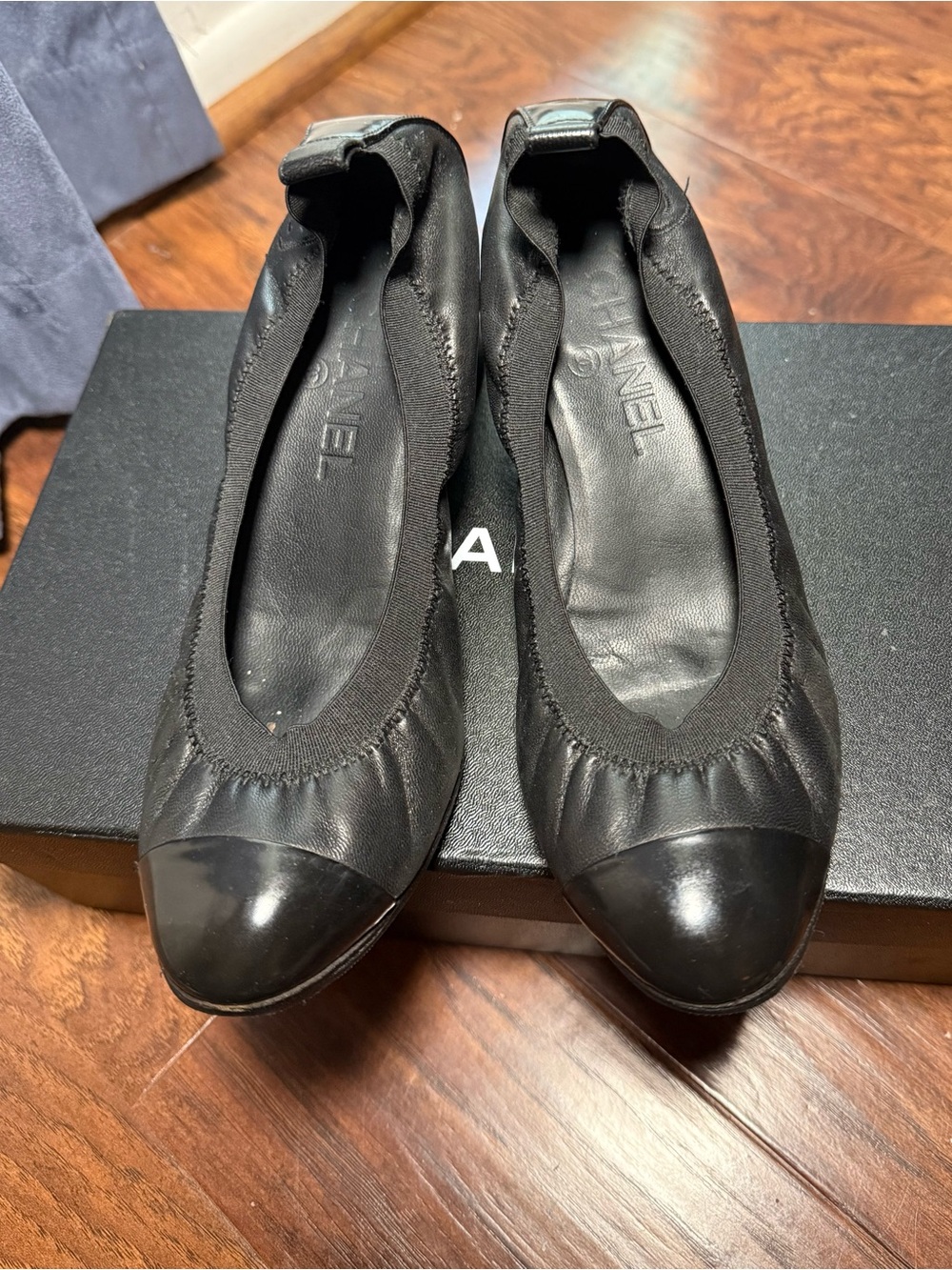 Chanel black ballet heels pumps shoes 37.5